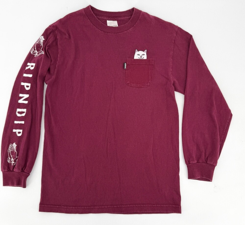 RIPNDIP Long Sleeve Shirt Mens Small maroon Cat Pocket Graphic Streetwear Tee